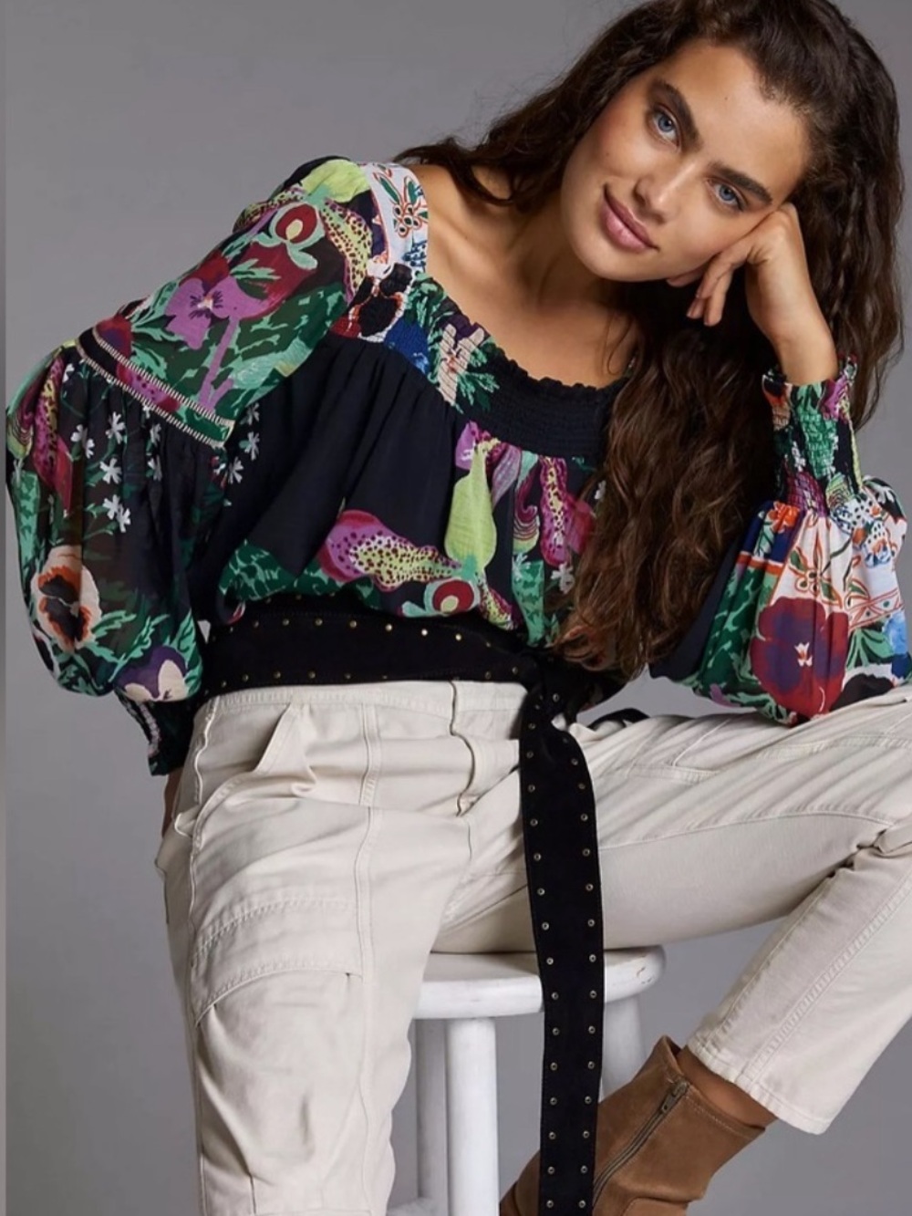 Anthropologie Black Floral Peasant Top with Multicolor Print